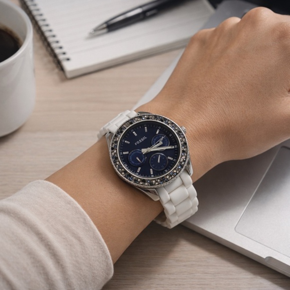 Fossil Blue Dial Watch | White Silicone Band | Crystal Bezel | Multifunction